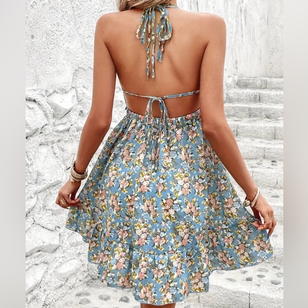 Boho Floral Halter Plunging Neck Mini Dress - NWOT - Picture 4 of 8
